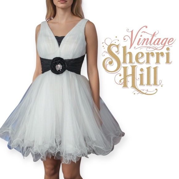 Sherri Hill vintage y2k white and black fit and flare mini cocktail party  dress - coffeafoods.com